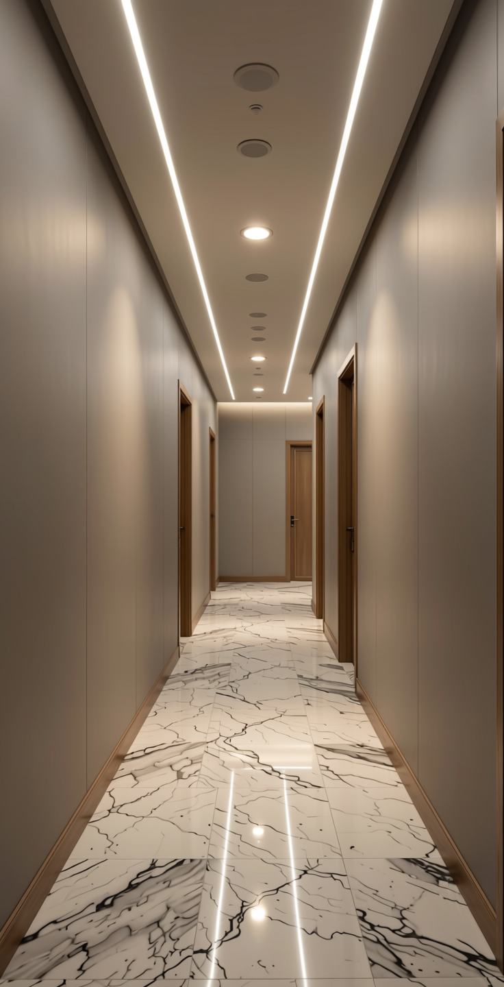 Vogue Plain Laminate 8x4 Matte 1 mm - 21071 FT — application view in a elegant hallway