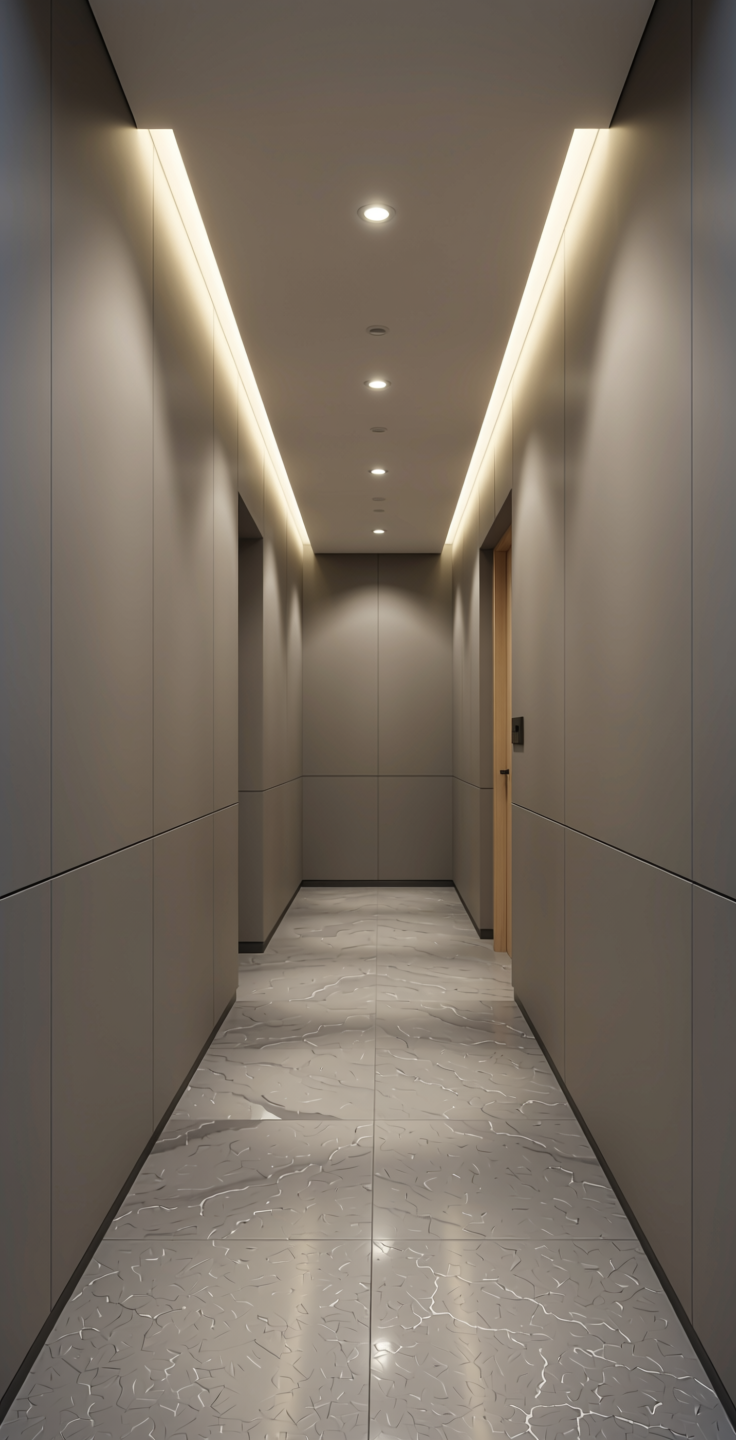 Vogue Plain Laminate 8x4 Matte 1 mm - 21057 FT — application view in a stylish hallway