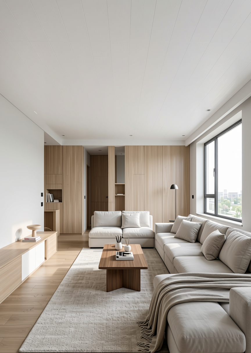 Bianco White Texture Laminate 4.25x10 ft - STY-SOL-1756 — application view in a minimalist living room