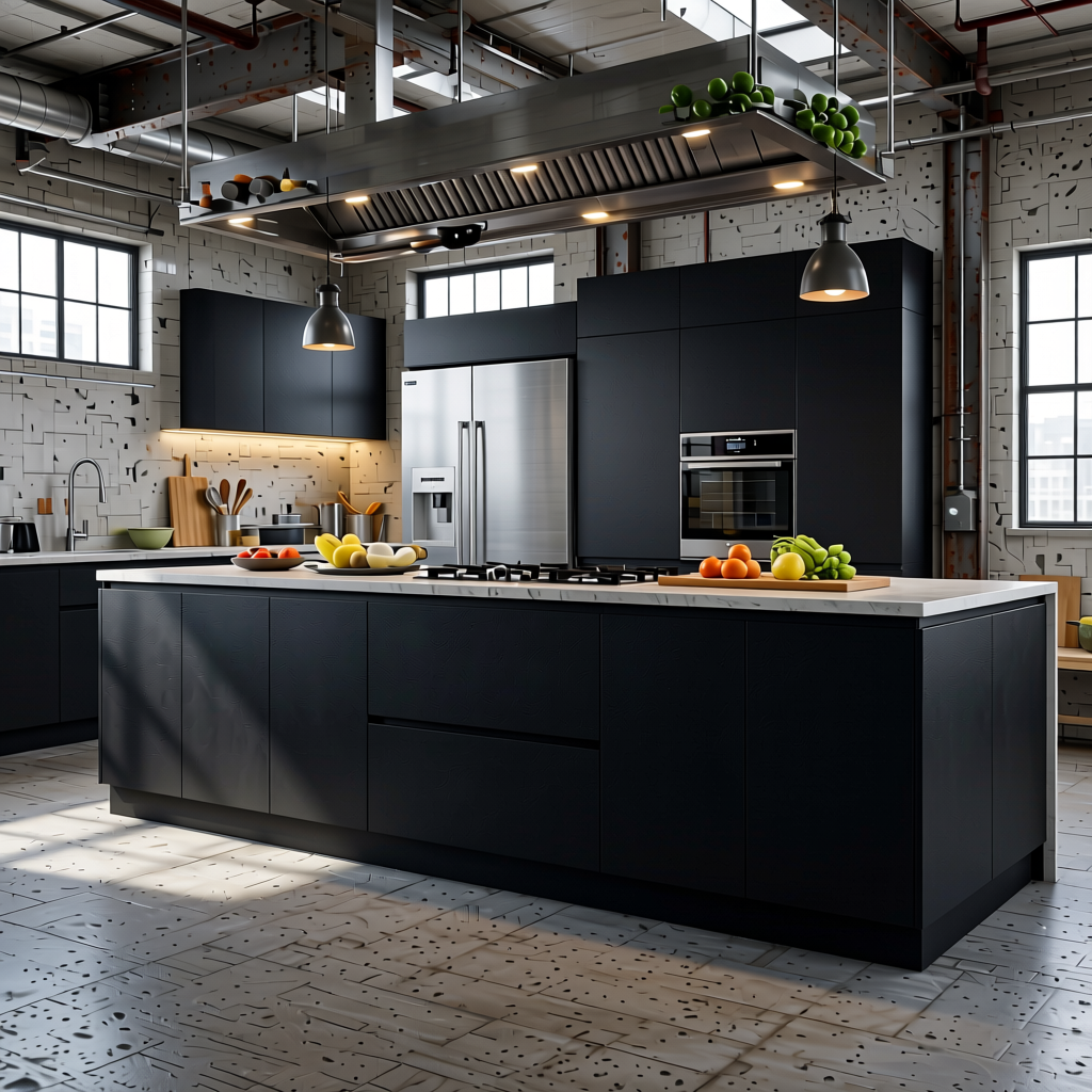 Black 2 Plain Colors Laminate 8*4 ft Leather 1.0 mm - HER-1250 — application view in a industrial kitchen