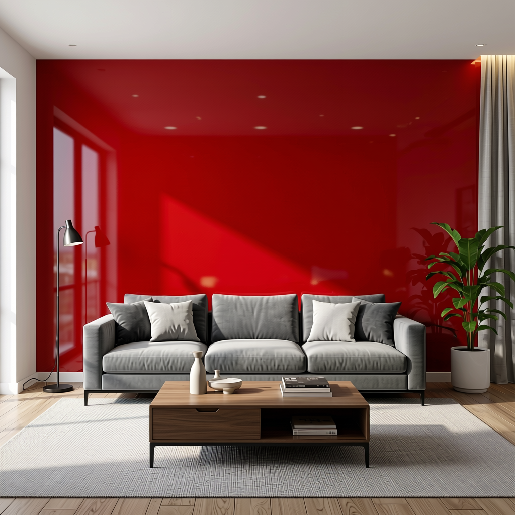 Blood Red Plain Colors Laminate 8*4 ft High Gloss 1.0 mm - HER-1234 — application view in a accent wall in living room