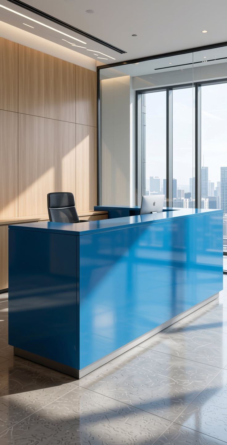 Blue Gloss Laminate 8*4 ft 1 mm - LX3087 — application view in a modern office