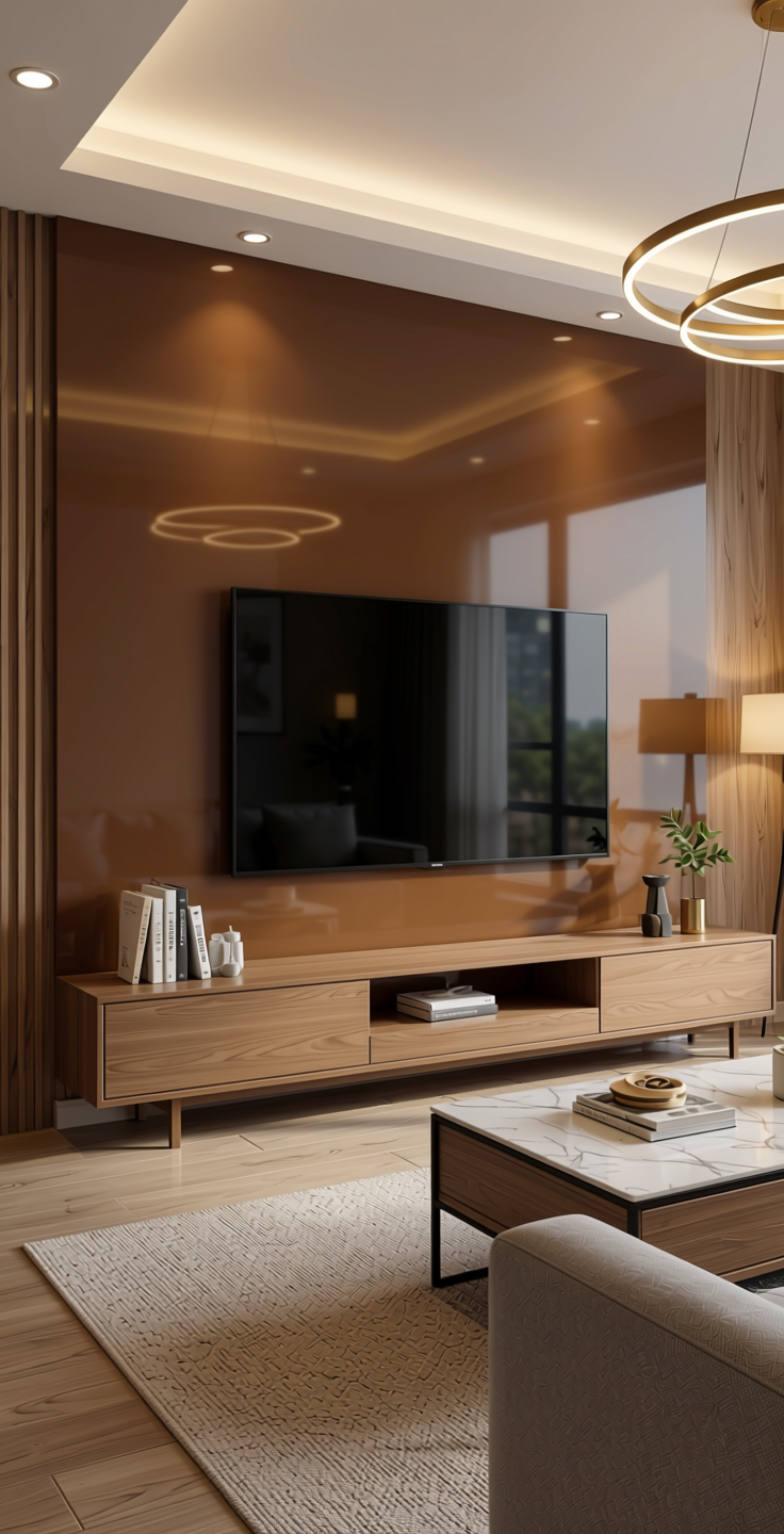Brown Gloss Laminate 8*4 ft 1 mm - LX3084 — application view in a modern living room