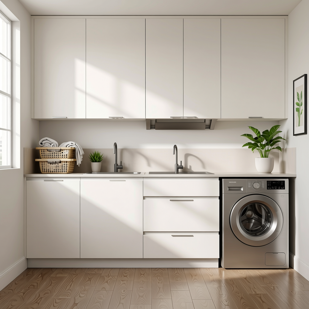 Candy White Plain Colors Laminate 8*4 ft Suede 1.0 mm - HER-1113 — application view in a clean laundry room