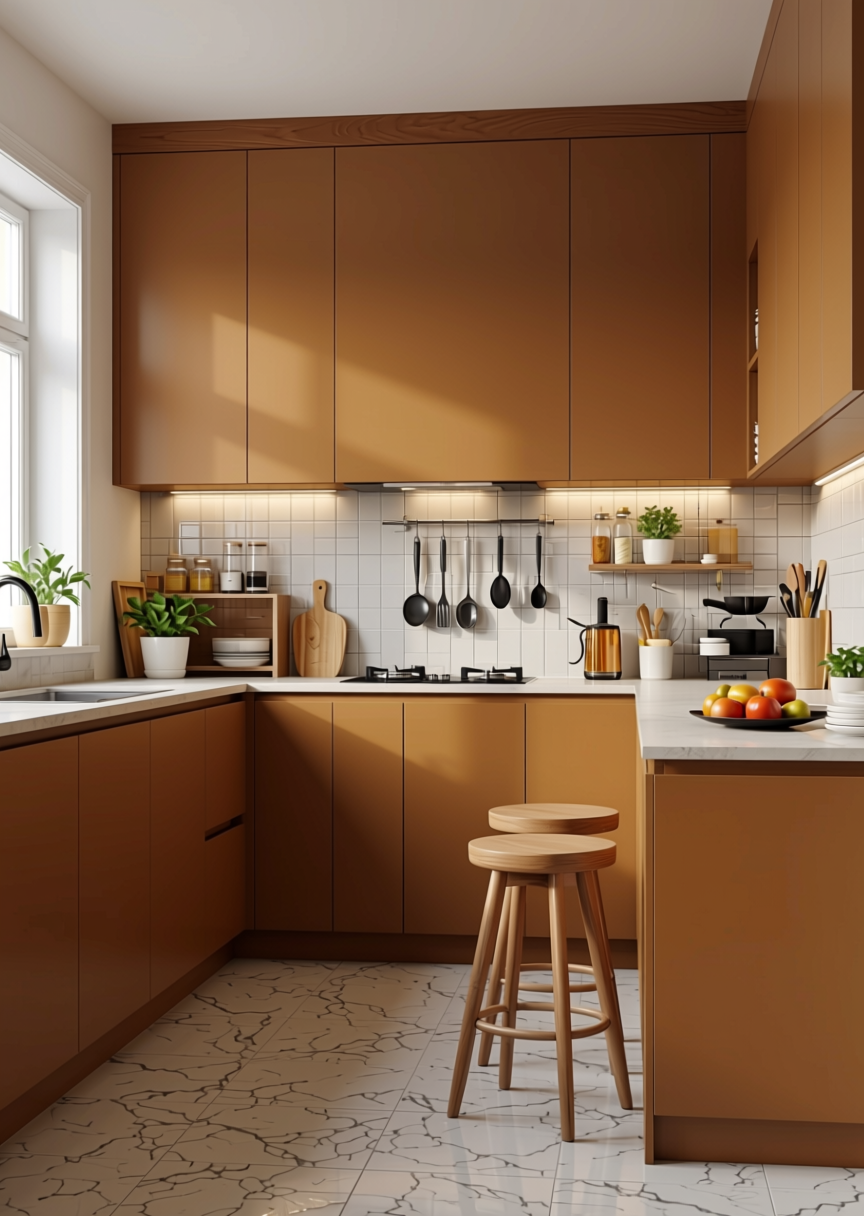 Caramel Apple Brown Texture Laminate - STY-SOL-1758 — application view in a kitchen