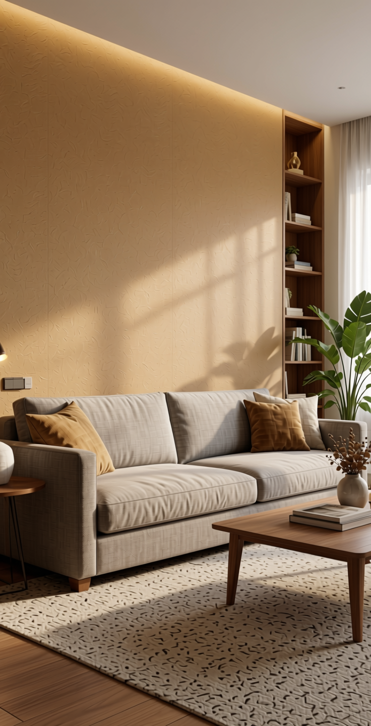 Caramel Sand Beige Texture Laminate - STY-SOL-409 — application view in a living room