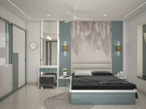 Textured wall panels and fluted panelling for bedroom