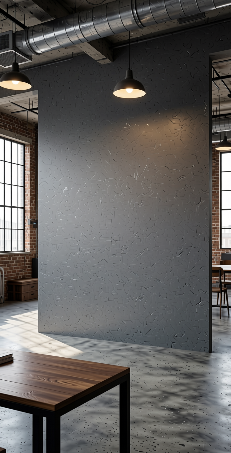 Allu Grey Solid Colors Wall Panel 8x4 ft Suede 1.0 mm - 228 SU — application view in a industrial loft