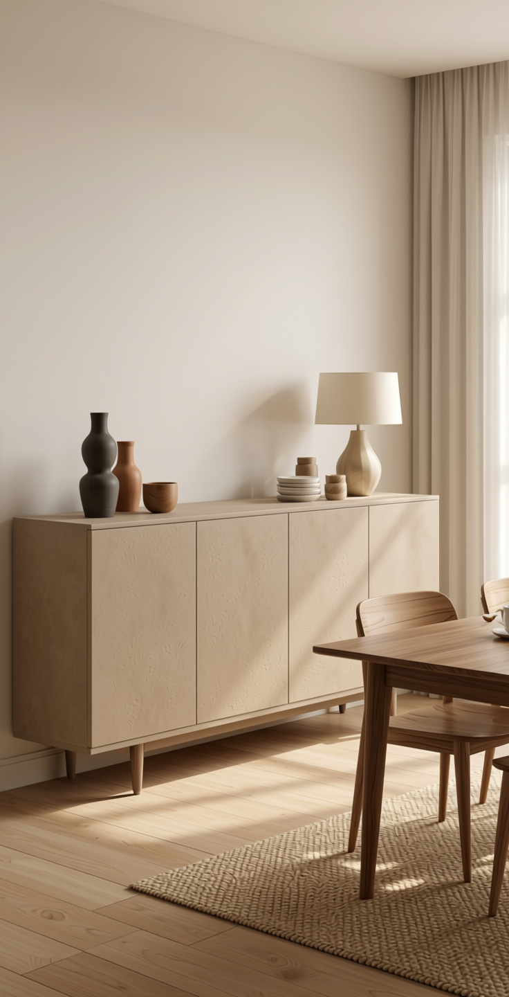 Beige Solid Colors Laminate 8x4 ft Suede 1.0 mm - 163 SU — application view in a neutral dining room