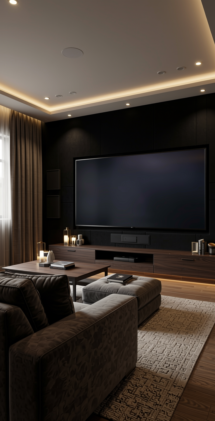 Black Solid Colors Wall Panel 8x4 ft Suede 1.0 mm - 293 SU — application view in a home theater