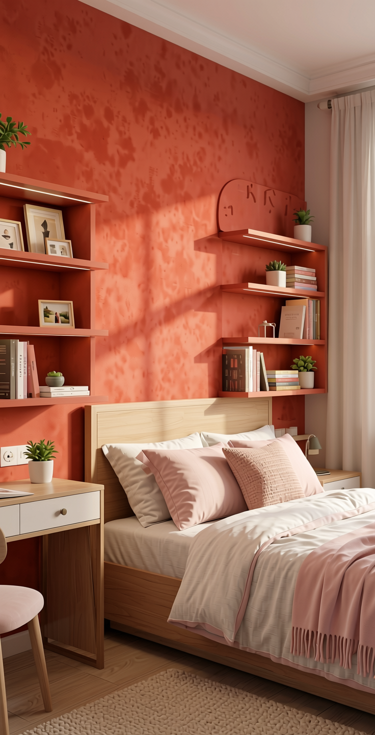Coral Solid Colors Laminate 8x4 ft Suede 1.0 mm - 90196 SU — application view in a girl's bedroom