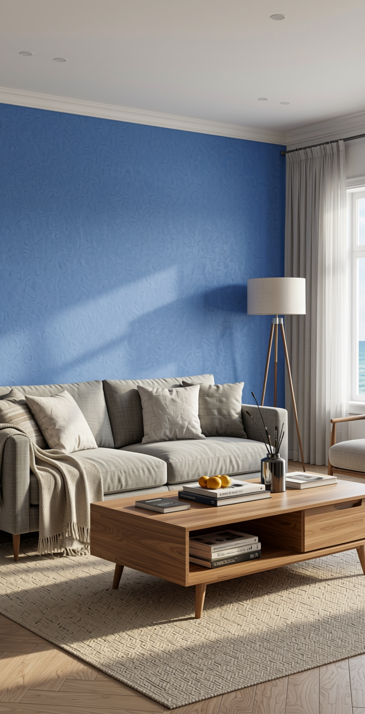 Dawn Blue Solid Colors Laminate 8x4 ft Suede 1.0 mm - 259 SU — application view in a coastal living room