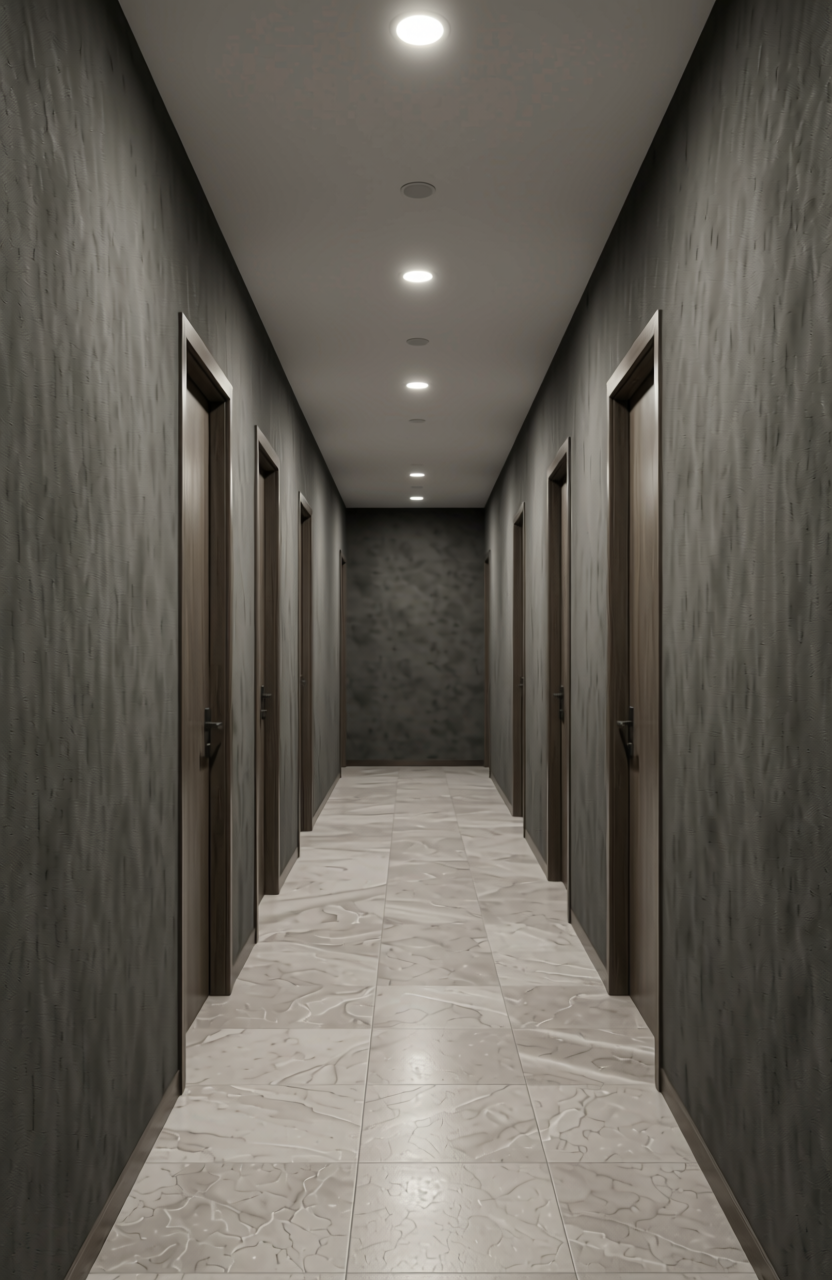 Gothic Grey Plain Laminate 8x4 ft Suede 1 mm - 224 SU — application view in a modern hallway