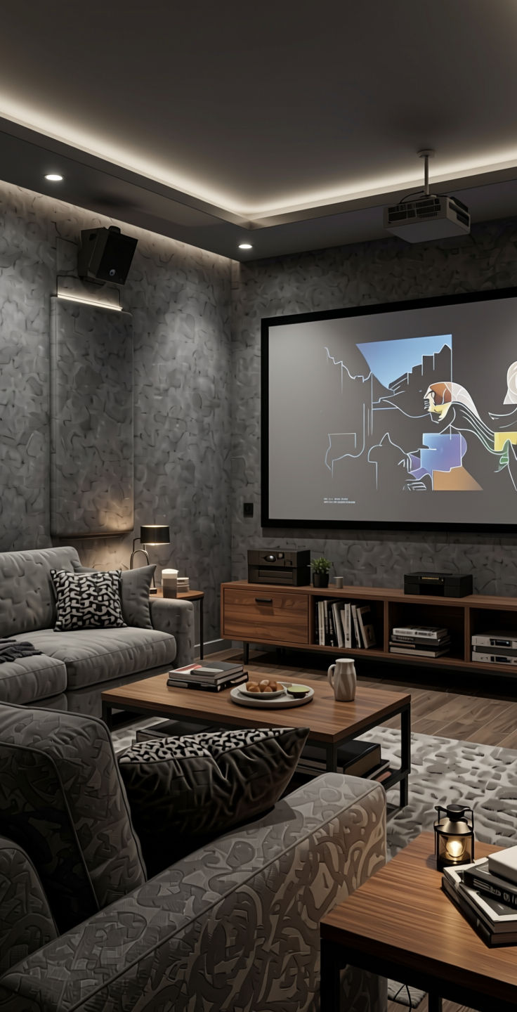 Graphite Grey Solid Colors Wall Panel 8x4 ft Suede 1.0 mm - 238 SU — application view in a home theater