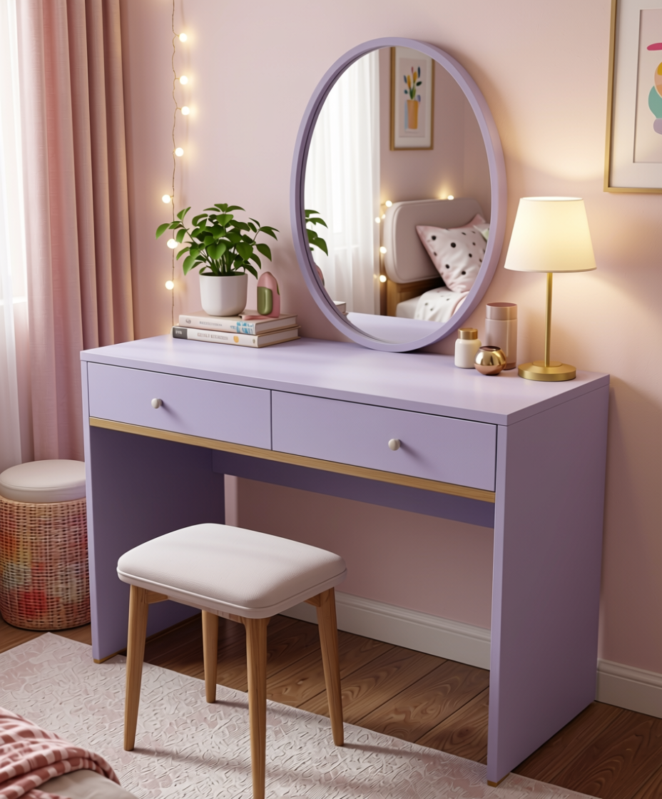 Misty Lavender Plain Laminate 8x4 ft Suede 1 mm - 263 SU — application view in a girly bedroom