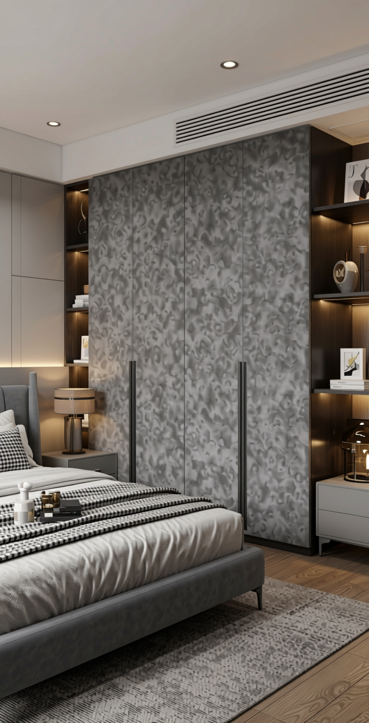 Moon Grey Solid Colors Laminate 8x4 ft Suede 1.0 mm - 227 SU — application view in a sleek bedroom