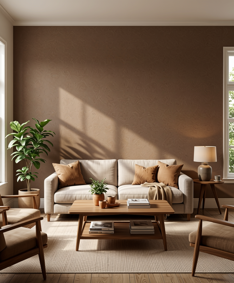 Mudpie Plain Laminate 8x4 ft Suede 1 mm - 3171 SU — application view in a earthy living room