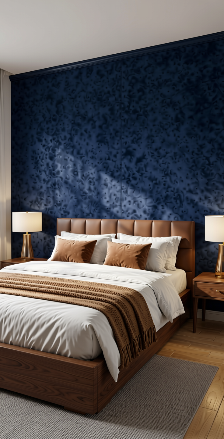 Navy Blue Solid Colors Laminate 8x4 ft Suede 1.0 mm - 249 SU — application view in a master bedroom