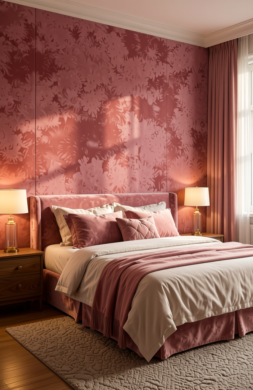 Rose Pink Plain Laminate 8x4 ft Suede 1 mm - 152 SU — application view in a romantic bedroom