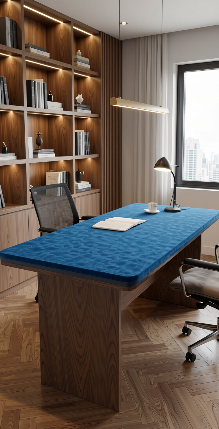 Satin Blue Solid Colors Laminate 8x4 ft Suede 1.0 mm - 241 SU — application view in a modern study room