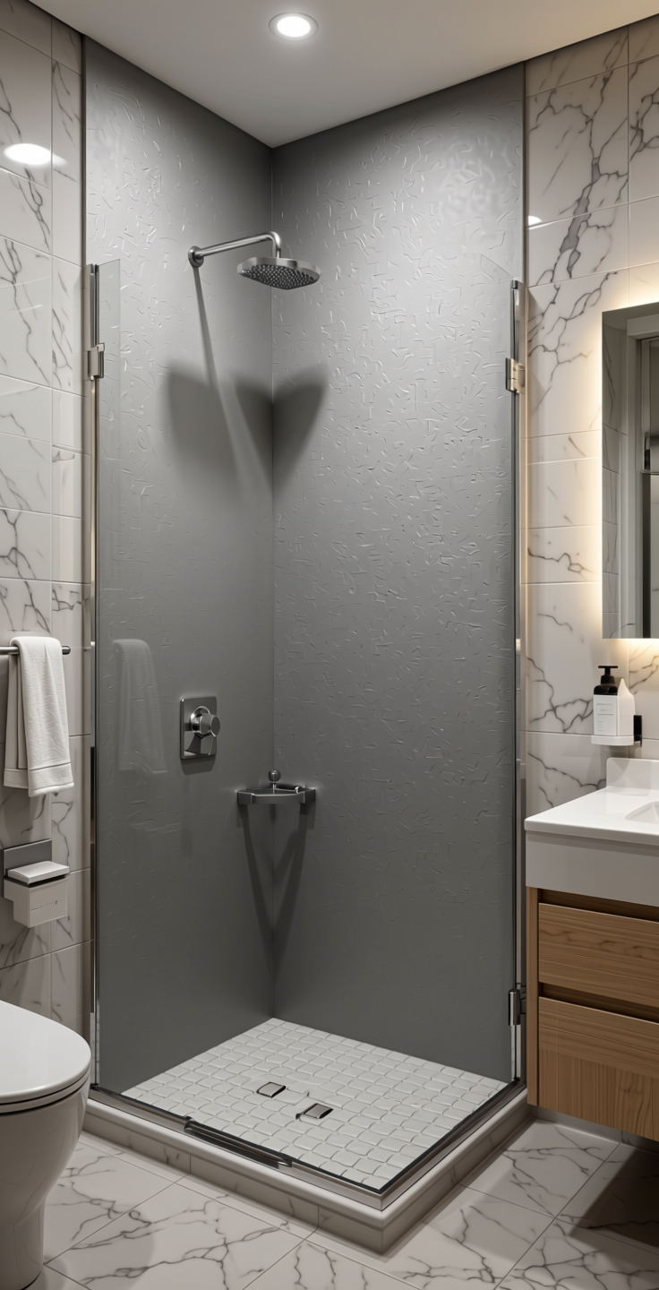 Silver Grey Solid Colors Wall Panel 8x4 ft Suede 1.0 mm - 225 SU — application view in a modern bathroom
