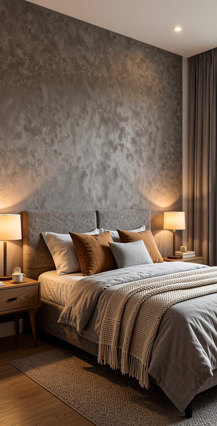 Warm Grey Solid Colors Wall Panel 8x4 ft Suede 1.0 mm - 226 SU — application view in a cozy bedroom