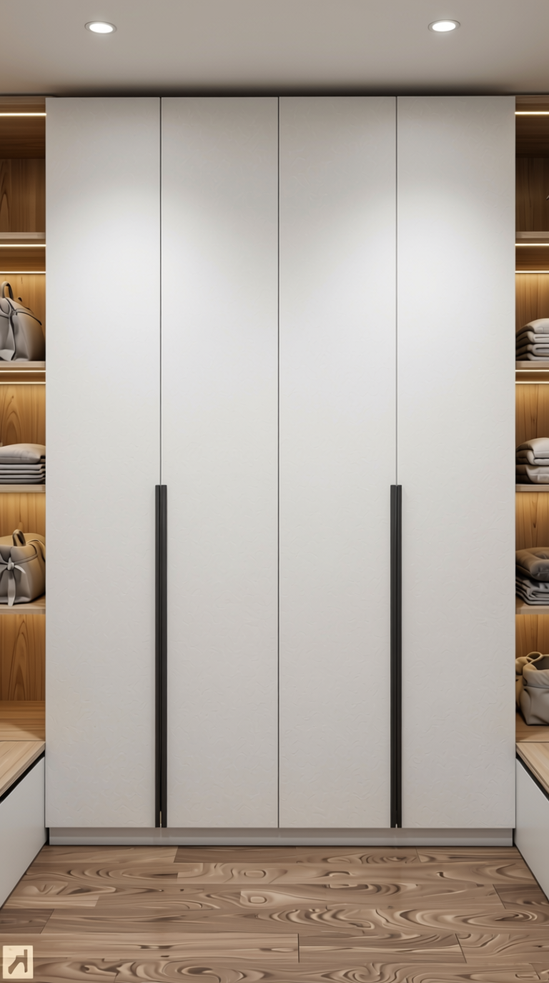 White Wood Wall Panel 8x4 ft Suede 1.0 mm - 101 SU — application view in a walk-in closet
