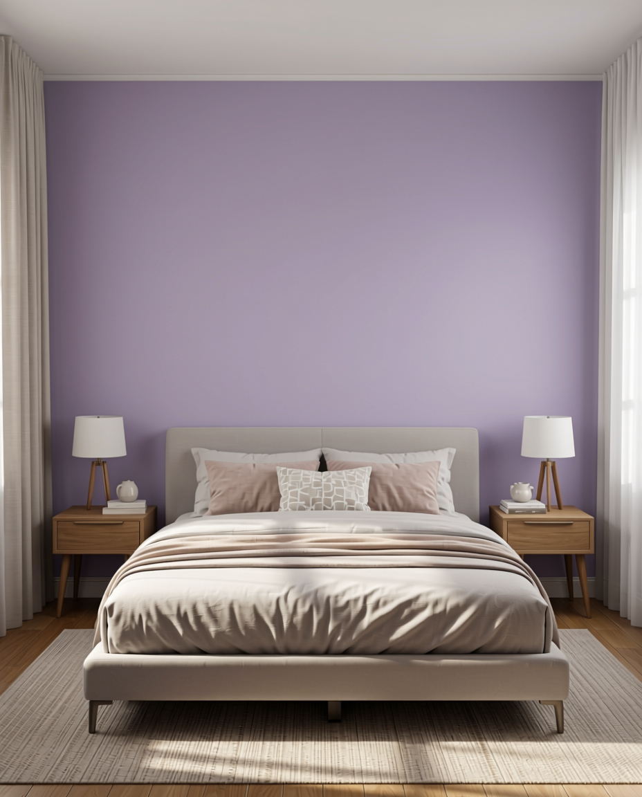 Misty Lavender Plain Laminate 8x4 ft Texture 1.25 mm - 263 LU — application view in a calm bedroom