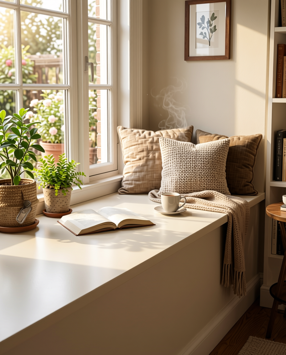Pebble Ivory Plain Laminate 8x4 ft Texture 1.25 mm - 131 LU — application view in a cozy reading nook