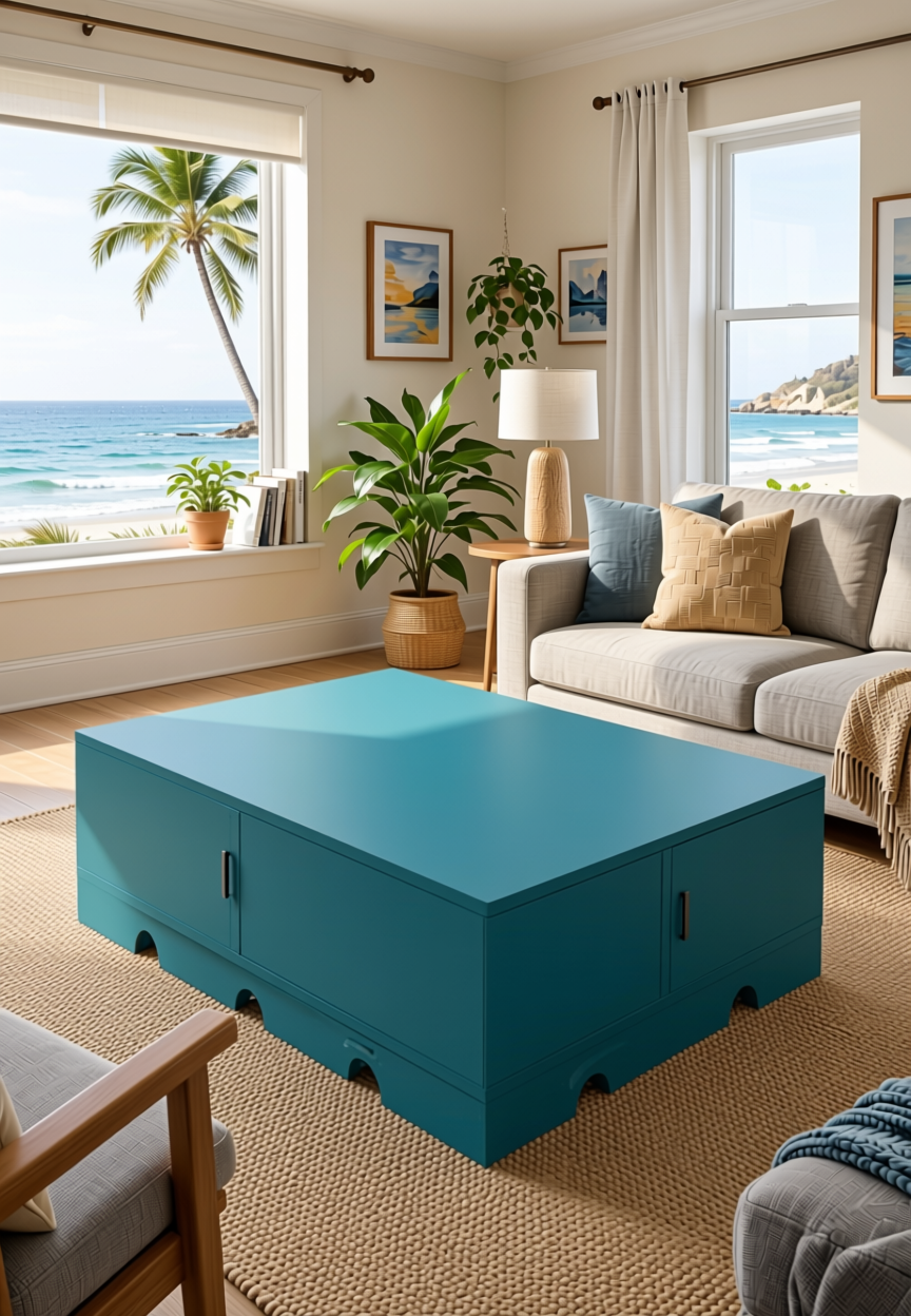 Shore Blue Plain Laminate 8x4 ft Texture 1.25 mm - 3252 LU — application view in a coastal living room