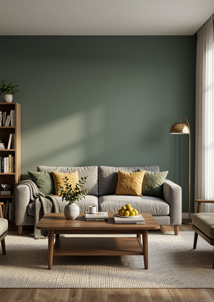 Smoke Green Plain Laminate 8x4 ft Texture 1.25 mm - 3284 LU — application view in a nature-inspired living room