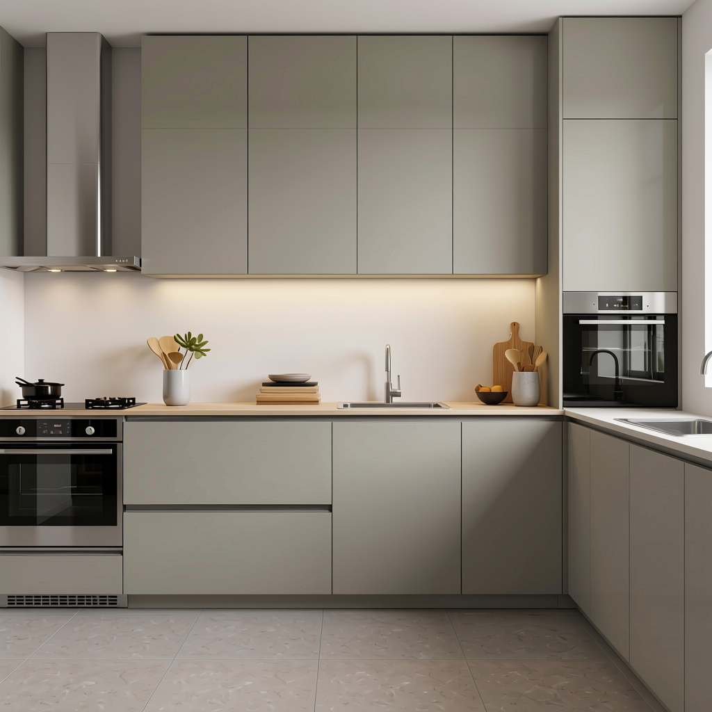 Ceramic Grey 2 Plain Colors Laminate 8*4 ft Soft Touch 1.0 mm - HER-1503 — application view in a minimalist kitchen