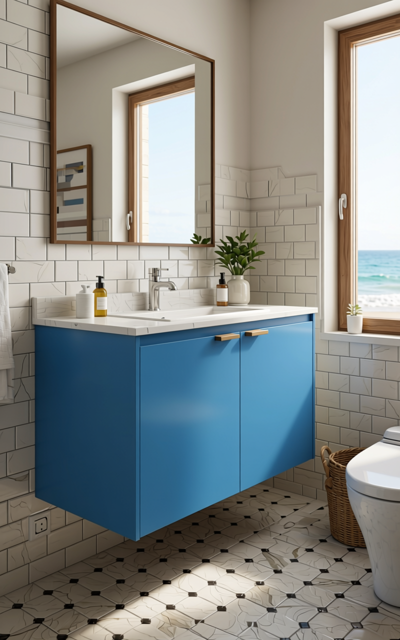 Cerulean Blue Texture Laminate 4x8 ft - STY-SOL-1163 — application view in a coastal bathroom