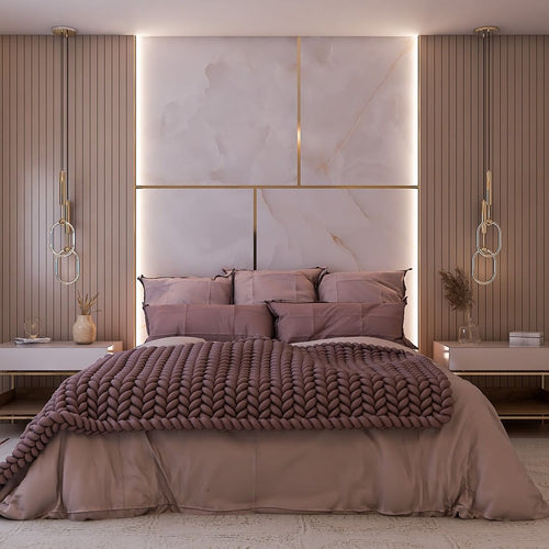 White marble wall panel and brown louvers for a bedroom