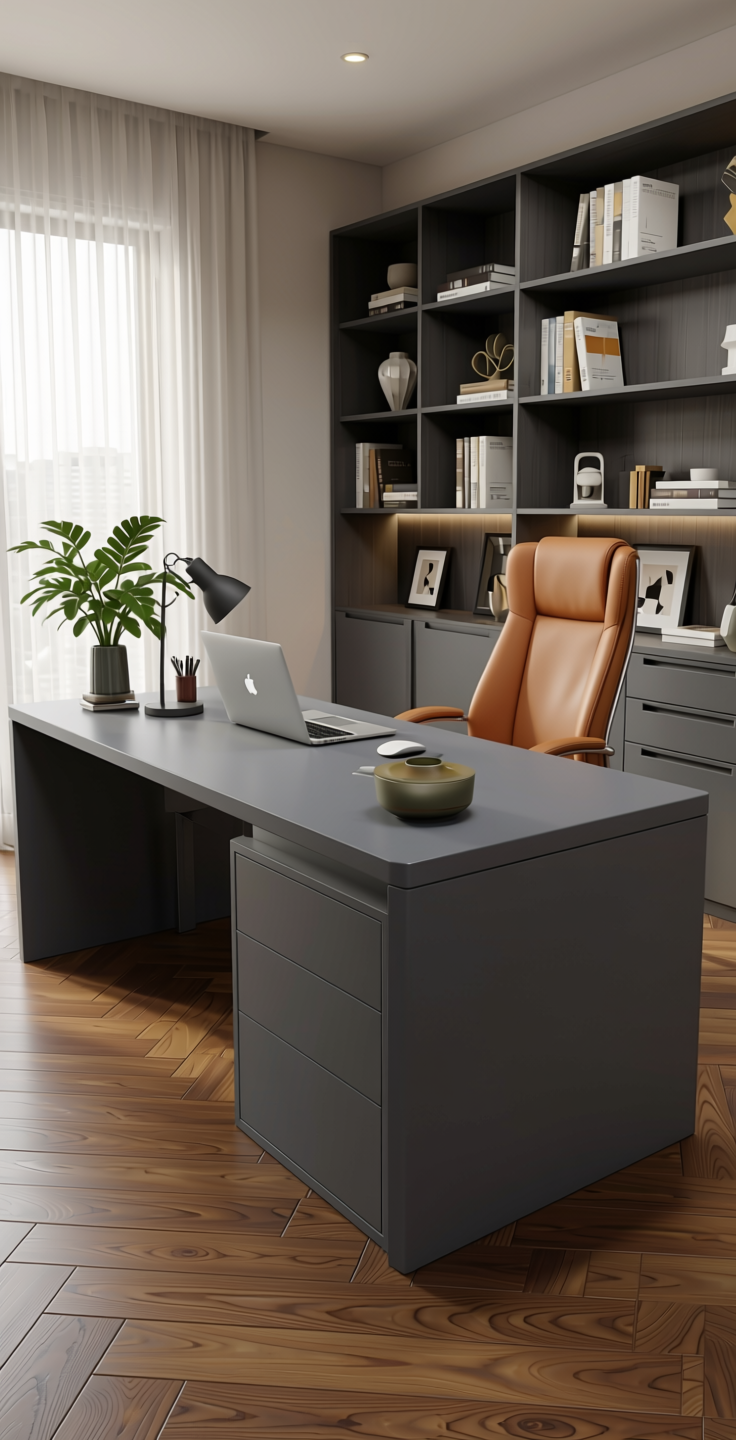 Chalk Grey Texture Laminate 4x8 ft - STY-SOL-8121 — application view in a sleek home office