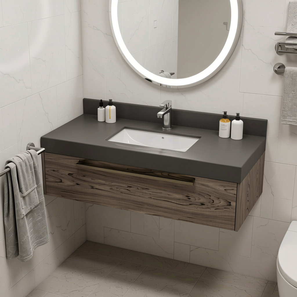 Charcoal Grey Plain Colors Laminate 8*4 ft Suede 1.0 mm - HER-1268 — application view in a minimalist bathroom