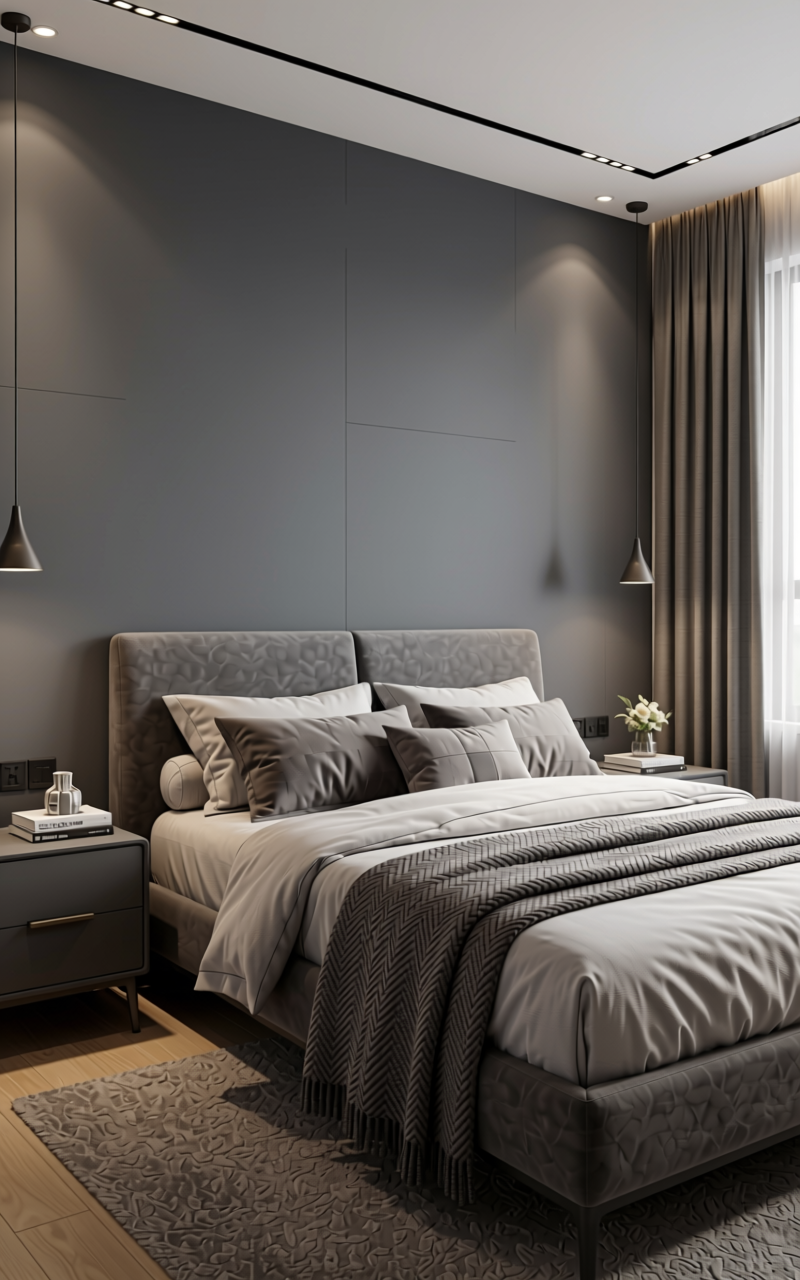CITY SHADOW Grey Texture Laminate - STY-SOL-1014 — application view in a sleek bedroom
