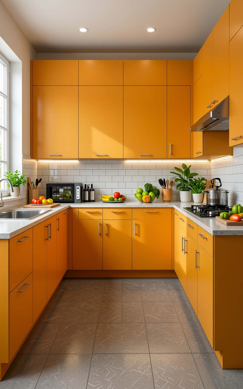 Classic Saffron Orange Texture Laminate 4x8 ft - STY-SOL-571 — application view in a vibrant kitchen