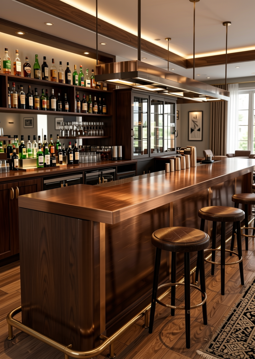 Copper Brown Texture Laminate 4.25x10 ft - STY-SOL-8225 — application view in a home bar