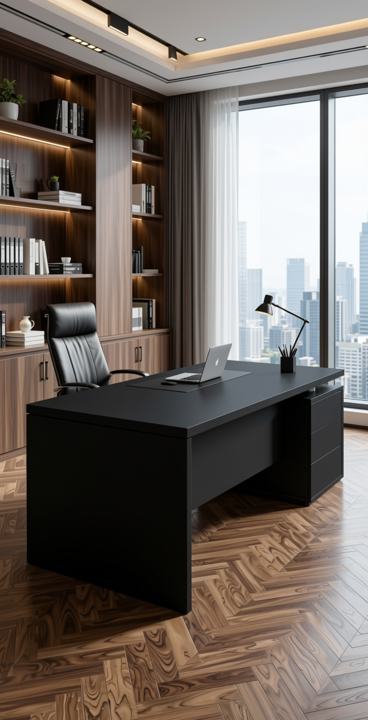 Black Plain Laminate 8x4 ft Super Matte 1 mm - SMT 1205 — application view in a sophisticated office