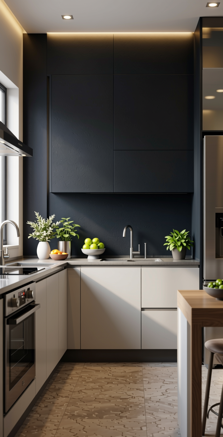 Black Plain Laminate 8x4 ft Texture 1 mm - BF 1205 — application view in a modern kitchen