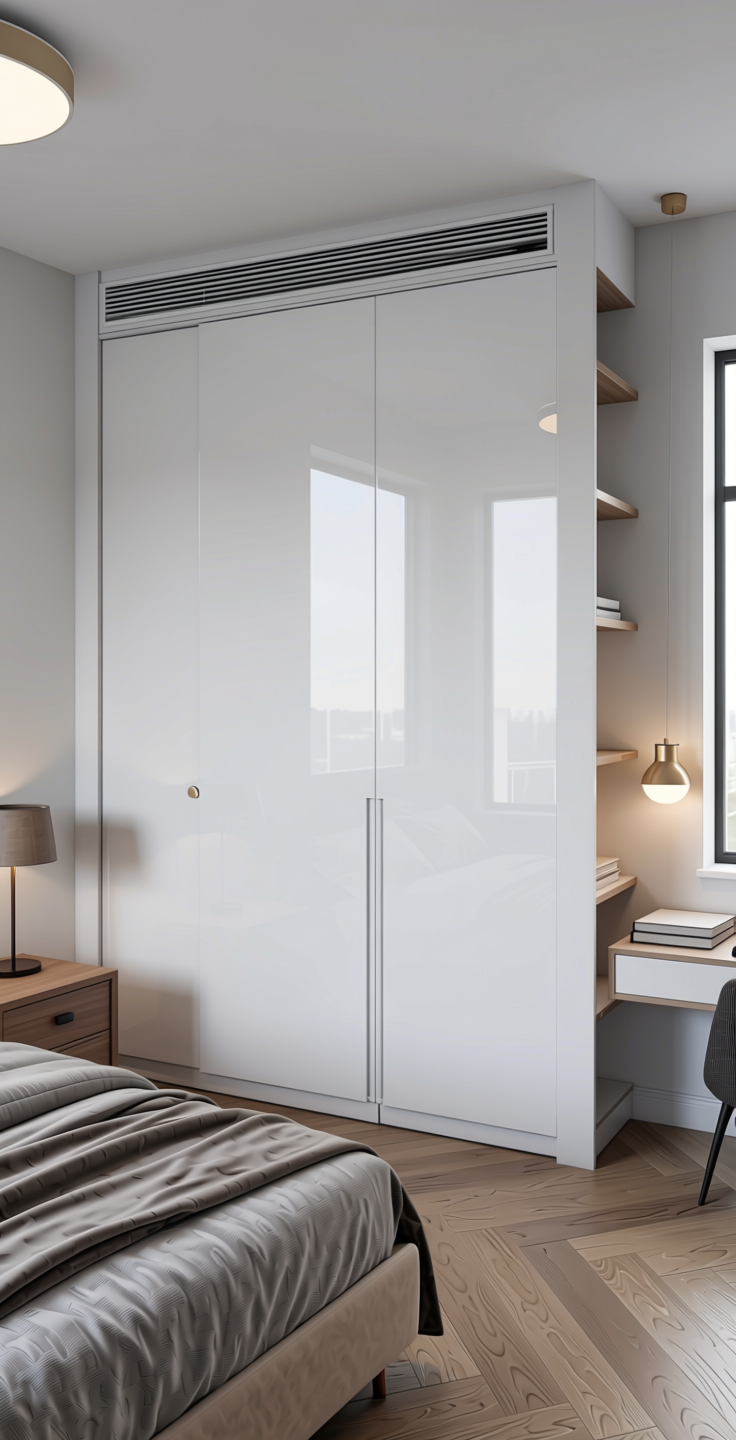 Cold White Plain Laminate 8x4 ft High Gloss 1 mm - HG 1201 — application view in a minimalist bedroom