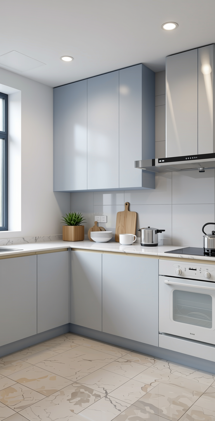 Cold White Plain Laminate 8x4 ft Super Matte 1 mm - SMT 1201 — application view in a minimalist kitchen