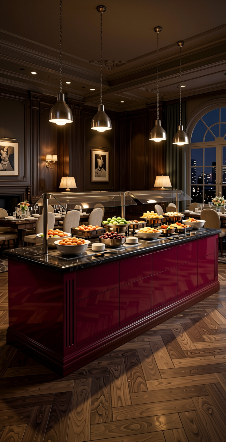Maroon Plain Laminate 8x4 ft High Gloss 1 mm - HG 1222 — application view in a dramatic dining room