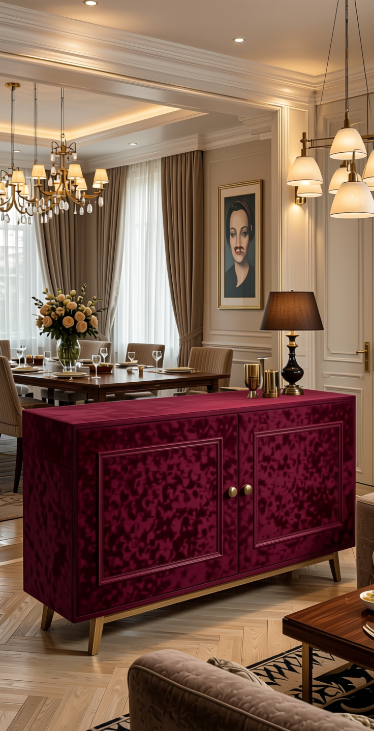 Maroon Plain Laminate 8x4 ft Suede 1 mm - SF 1222 — application view in a luxurious dining room