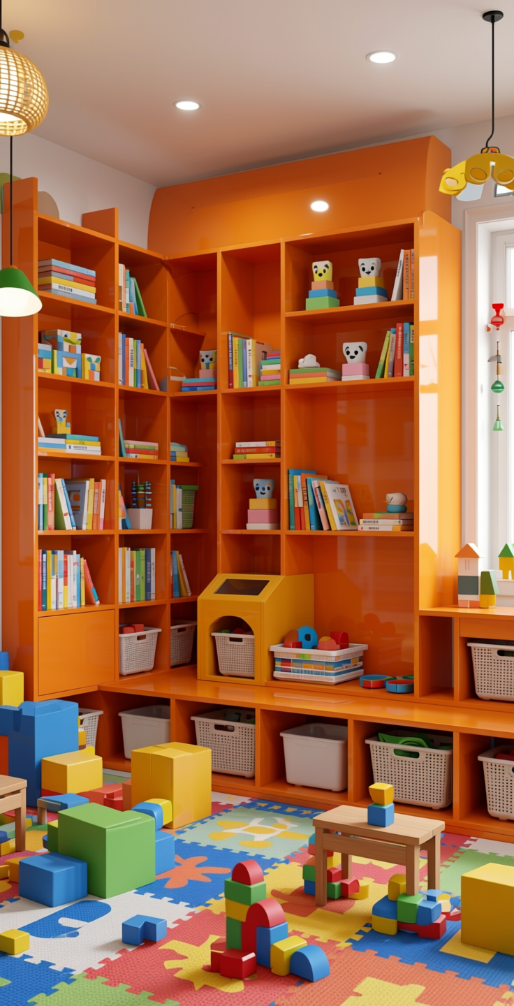Orange Plain Laminate 8x4 ft High Gloss 1 mm - HG 1208 — application view in a playroom