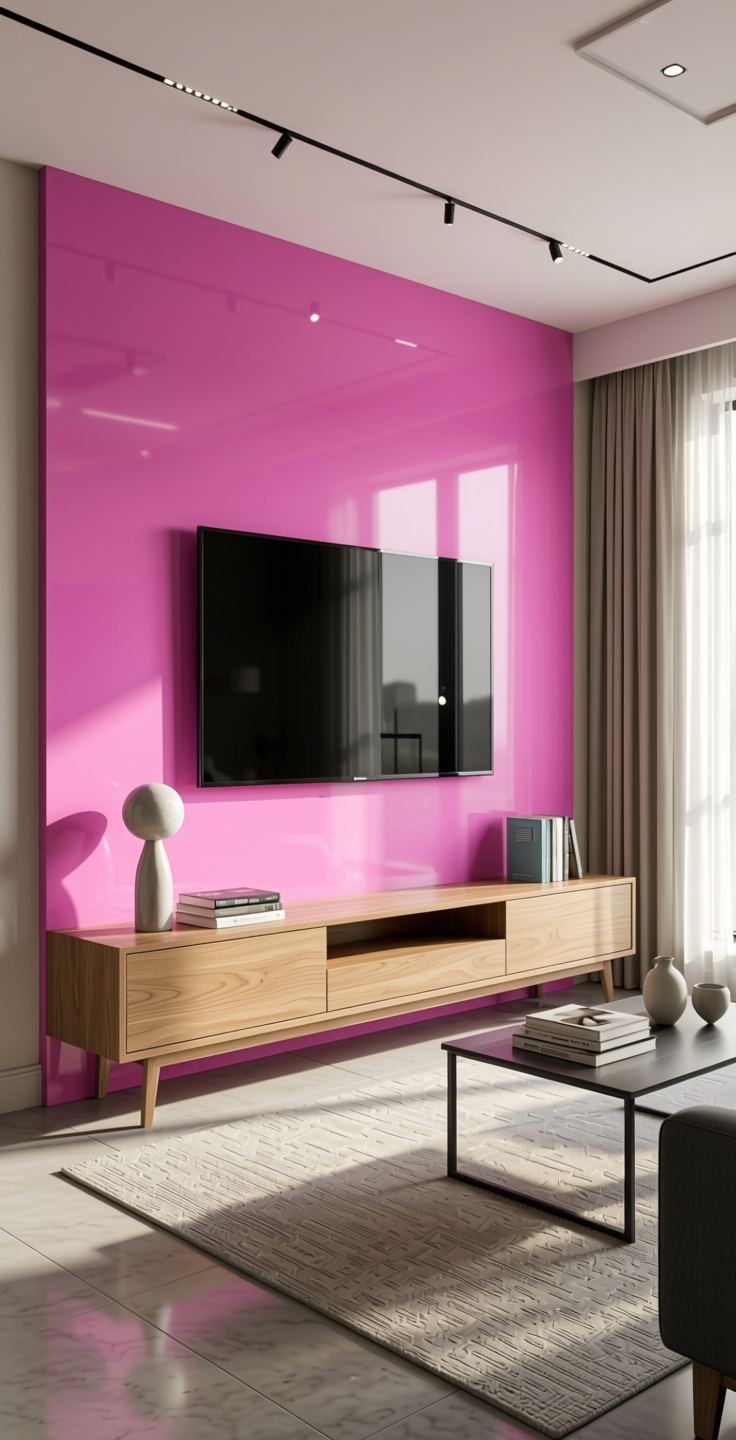 Pink Plain Laminate 8x4 ft High Gloss 1 mm - HG 1209 — application view in a modern living room