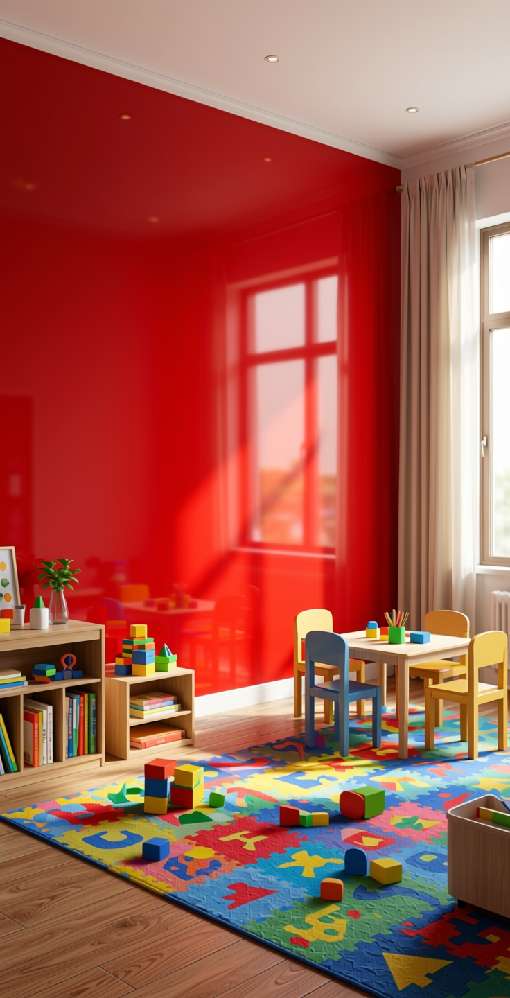 Red Plain Laminate 8x4 ft High Gloss 1 mm - HG 1207 — application view in a vibrant playroom