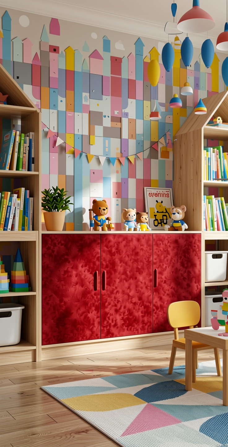 Red Plain Laminate 8x4 ft Suede 1 mm - SF 1207 — application view in a kids' playroom