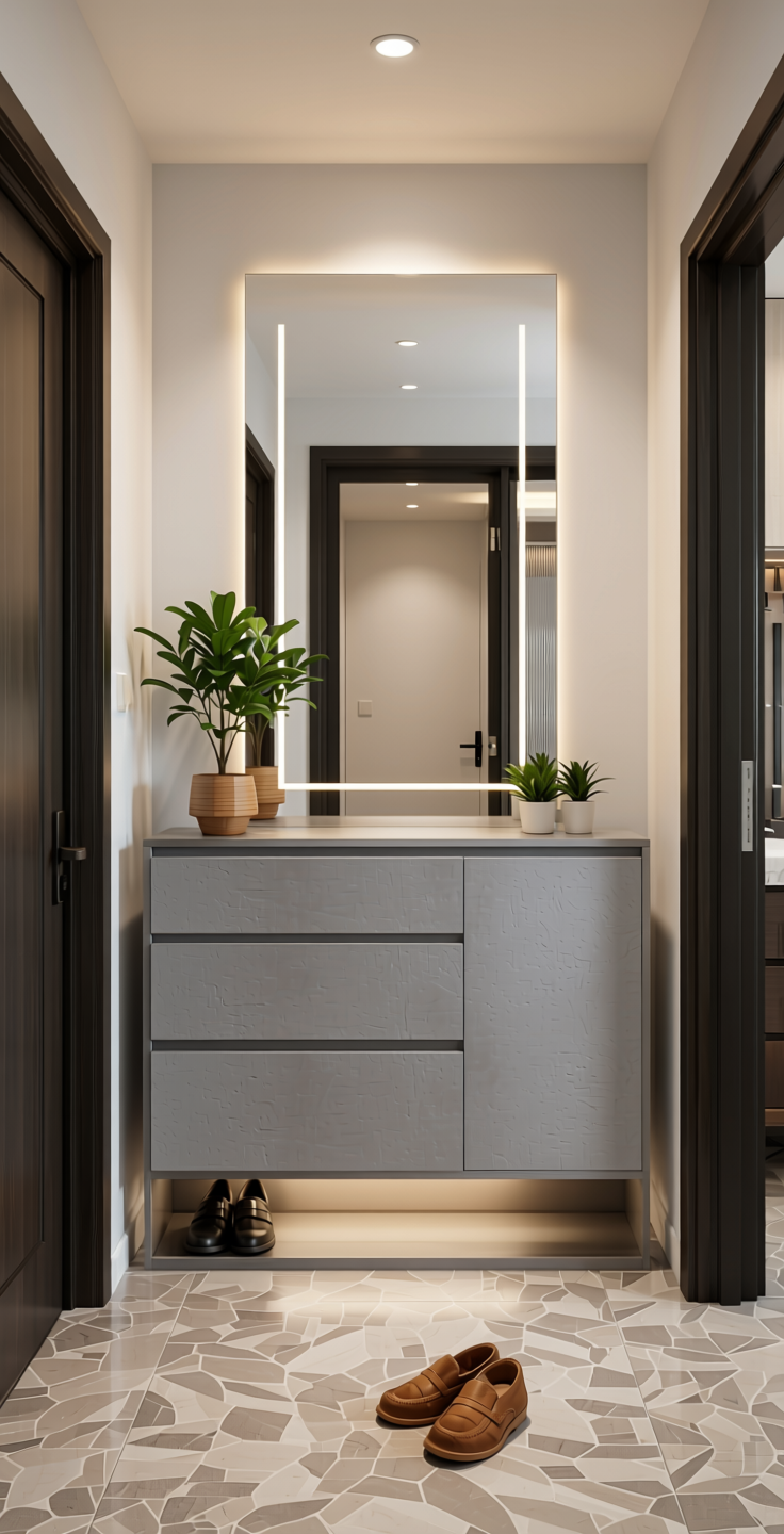 Silver Grey Plain Laminate 8x4 ft Suede 1 mm - SF 1204 — application view in a modern entryway